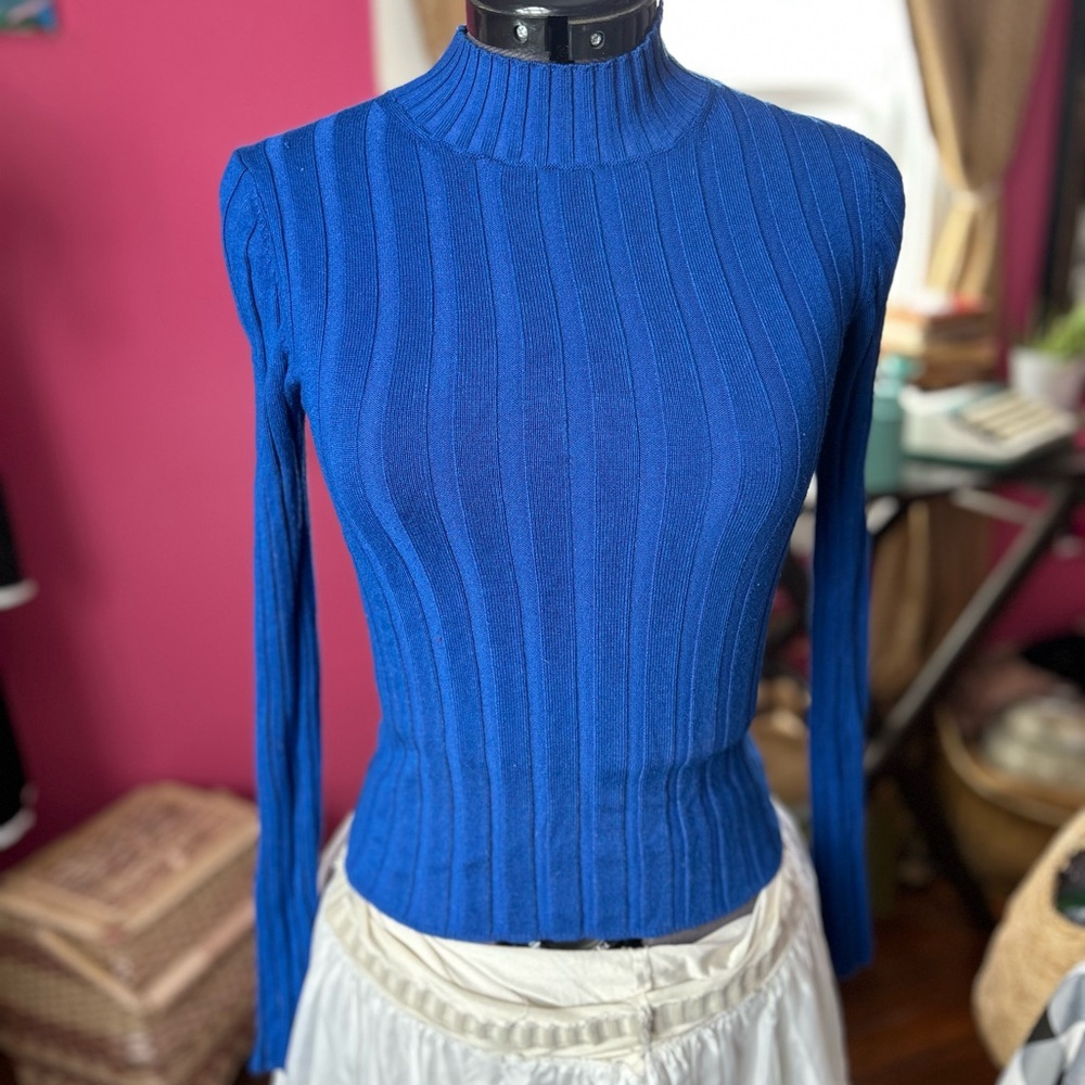 Stradivarius Women's Cobalt Blue Ribbed Turtleneck Sweater